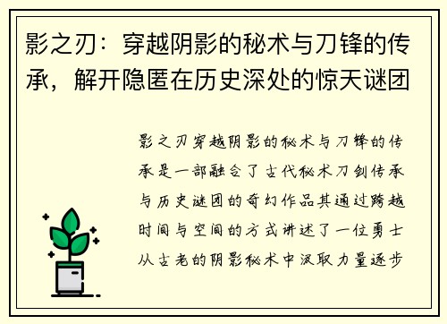 影之刃：穿越阴影的秘术与刀锋的传承，解开隐匿在历史深处的惊天谜团